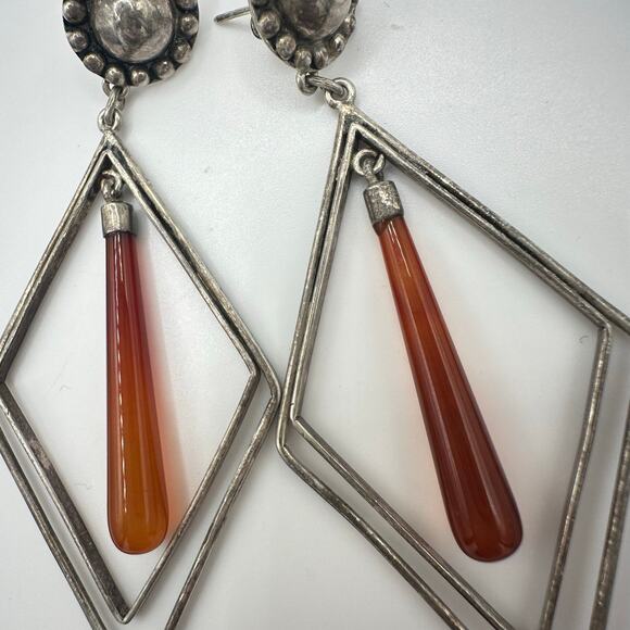 Vintage 925 sterling silver conchos genuine carnelian dangle drop post earrings - Picture 4 of 8